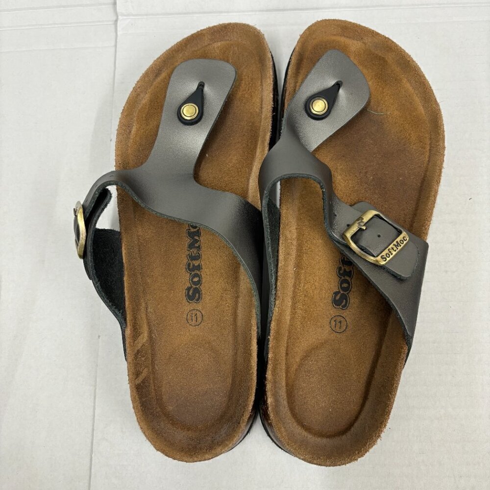 SoftMoc Flat Slip on Padded Footbed Pewter Leather Thong Sandal Buckle Size 11 - Picture 9 of 14